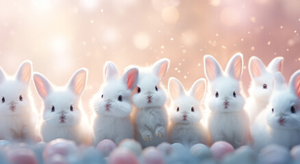 Easter White Bunnies Background. Cute & Whimsical Pastel Wallpaper with Copy Space.