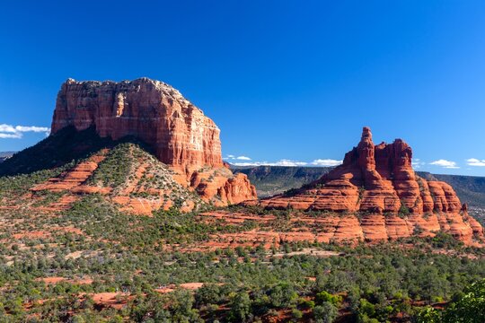 Bell Rock and Courthouse Butte Sandstone Cliff Butte Landmark. Scenic Red Rock State Park Landscape Aerial View, Blue Skyline, Oak Creek Sedona Arizona Southwest USA