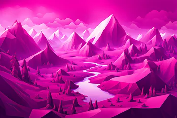 Fotobehang Roze landscape with mountains and trees low poly