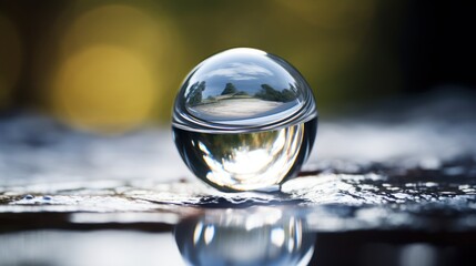  a close up of a water droplet on a surface with a reflection of trees and sky in the water.