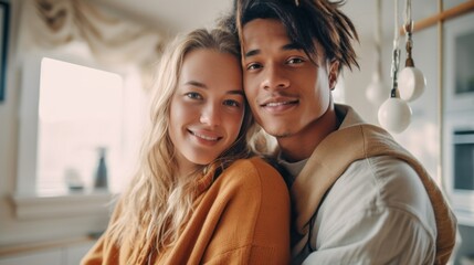A 20s couple, diverse in skin tones, celebrates love day happily indoors.