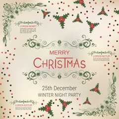 Merry Christmas and Happy New Year retro style vector illustration. Old paper background with winter style elements