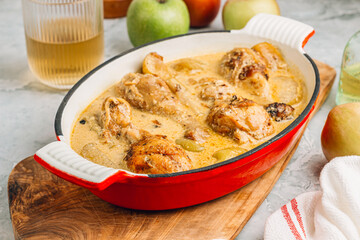 Chicken Normandy served in an enamel-coated cast-iron roaster