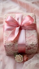 A vintage-inspired Valentine's gift box in pastel pink, tied with a satin ribbon, placed on an antique lace tablecloth.