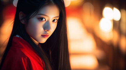 A pale beautiful japanese young girl, with heart-shaped face and shiny blue eyes with long black hair in ponytail in the red Xiaolin robe,--No hands, eye-level shot, ultrarealistic, Cinematic, 