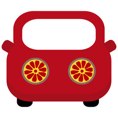 Red car on white background, front view, orange headlights 