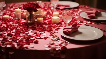 Obraz na płótnie Canvas A tabletop covered with rose petals and heart-shaped confetti for a romantic dinner setting.