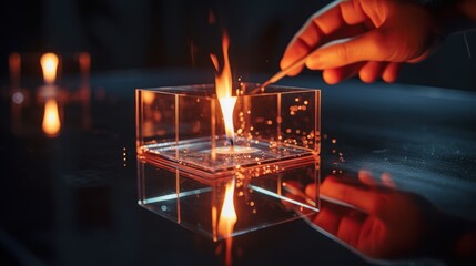  a person lighting a candle in a square glass container on top of a table with other lit candles in the background.