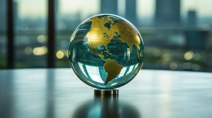  a glass globe sits on a table in front of a window with a view of a city in the distance.