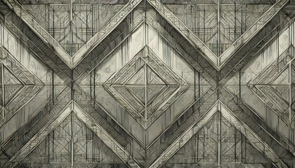 intricate patterns of an architectural blueprint, infused with artistic elements in grey tones

