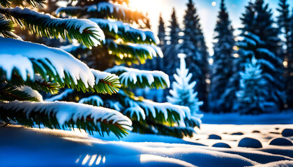 Christmas winter background of fir forest with ice, snow and bokeh of snowflakes,