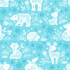 Vector seamless pattern. White ornate silhouettes of forest animals deer, bear, elk, fox, hare, squirrel, hedgehog among flowers on a blue background