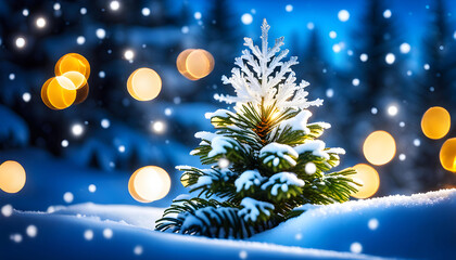 Fototapeta na wymiar Christmas winter background of fir forest with ice, snow and bokeh of snowflakes,
