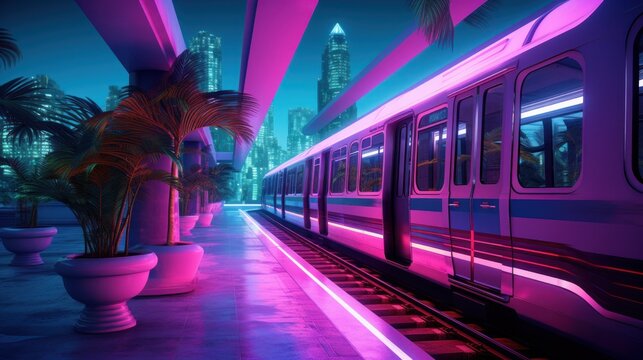  a train traveling through a train station next to a palm tree and a tall building with a neon light on it.