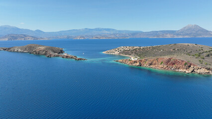 Fototapeta na wymiar Aerial drone photo of paradise secluded small island complex of Alkyonides in Corinthian gulf with paradise beaches perfect for sail boat and yacht anchorage, Greece