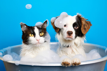 A funny cat  and dog with shampoo foam on his head sits in the bathroom.