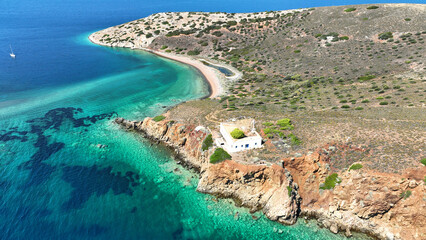 Aerial drone photo of paradise secluded small island complex of Alkyonides in Corinthian gulf with...
