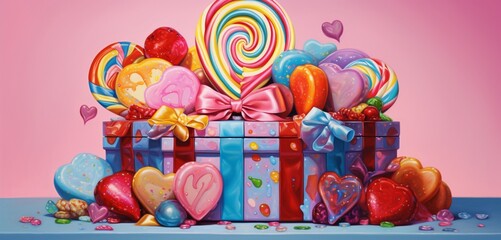 A whimsical, candy-striped Valentine's gift box, overflowing with colorful sweets, set on a vibrant confetti-strewn background.