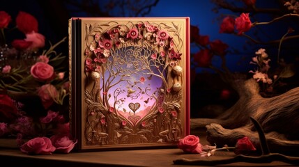 A whimsical fairy-tale book-shaped Valentine's gift box, filled with sweet confections, on a backdrop of an enchanted forest.