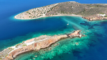 Aerial drone photo of paradise secluded small island complex of Alkyonides in Corinthian gulf with...