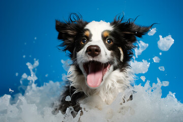 A joyful dog is taking a bath, surrounded by soap suds, splashes and bubbles. - obrazy, fototapety, plakaty