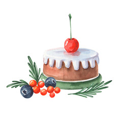 Watercolor christmas cheesecake with cherries. PArty dessrt with fresh berries and green branches. 