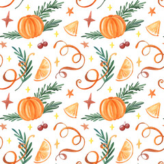 Watercolor seamless winter pattern for christmas decor. Bright juicy oranges with green branches on white