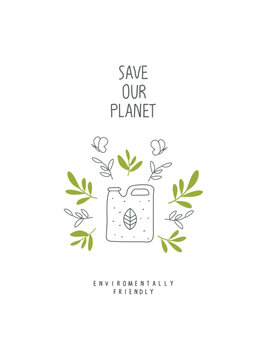 Vector illustration of Environmentally friendly planet. Hand drawn cartoon sketch canister of biofuel with green leaves and sprouting branches.  Alternative biofuel renewable green energy concept. 
