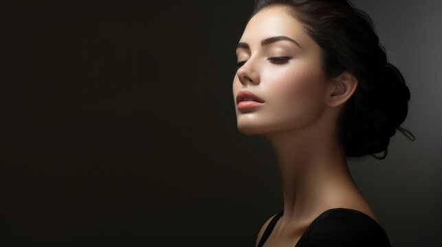  a woman in a black dress with her eyes closed and her head turned to the side with her eyes closed.