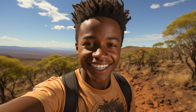 South African Teenager Boy Taking A Selfie With Smartphone In Botswana. Trendy Black Teenager Recording Video For Social Media Outside In Third World Country