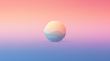  an egg sitting on top of a table next to a pink, blue and purple background with a mountain range in the distance.