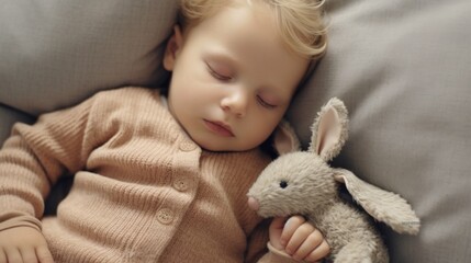 Calm scene: baby sleeping on a sleek sofa with a small plush toy.