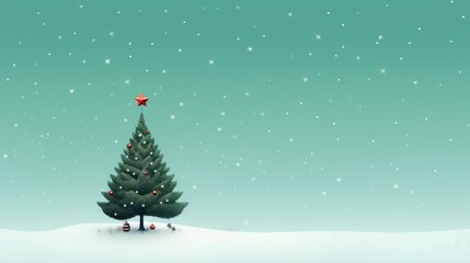  a small christmas tree in the middle of a snow covered field with a red star on the top of it.