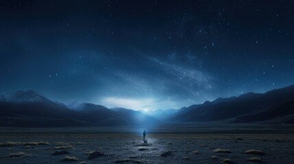 a man standing in the middle of a desert under a night sky with stars and a light at the end of it.