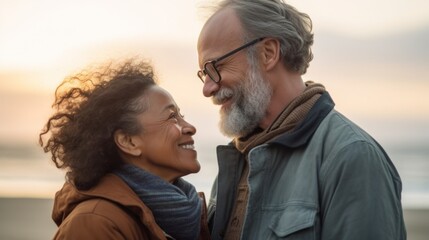 Fototapeta premium Beach happiness for multicultural elders at dusk