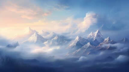 a painting of a mountain range with clouds in the foreground and a blue sky in the background with clouds in the foreground.