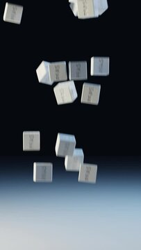 Conceptual animation. PFAS Per- and poly-fluoroalkyl substances cubes fill a frame and fall down from the top. Dark background
