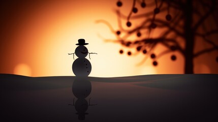  a snowman standing in the middle of a field with a tree in the background and the sun in the distance.