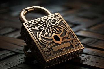 A golden lock on a wooden surface created with generative AI technology