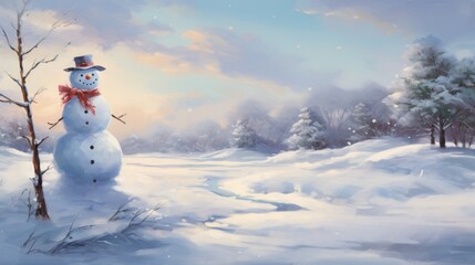 Obraz premium a painting of a snowman standing in the snow next to a tree with a red bow on its head.