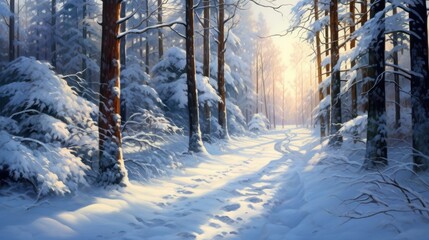  a painting of a snowy path through a pine forest with sun shining through the trees and snow on the ground.