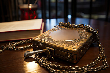 A golden box sitting on top of a wooden table