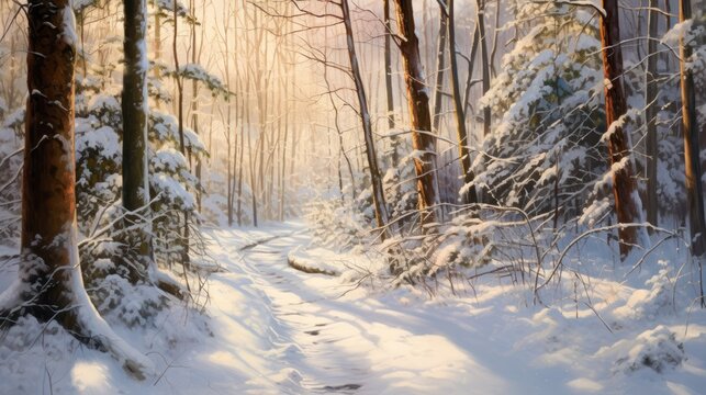  a painting of a snowy path through a forest with lots of snow on the ground and trees on either side of the path.