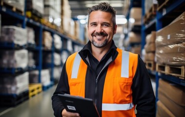 Obraz premium Efficient parcel delivery worker in a bustling warehouse. Streamlined logistics and organized shipping operations