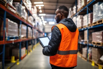 Diligent warehouse worker with a tablet, checking goods on expansive racks. Streamlined logistics in a bustling industrial hub