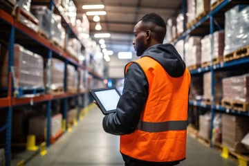 Keuken spatwand met foto Diligent warehouse worker with a tablet, checking goods on expansive racks. Streamlined logistics in a bustling industrial hub © monvideo