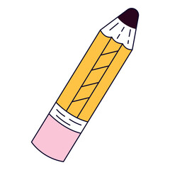 Funky retro groovy wooden pencil with rubber eraser. Back to school. Children's stationery subjects. Funny study school supplies. Nostalgia 60s, 70s, 80s. Vector for poster, banner, website