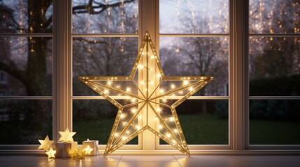  a lighted star sitting in front of a window next to a present box and a christmas tree in the background.
