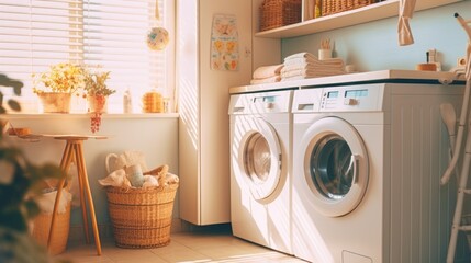 Washing machines in a clean organized neat utility laundry room - obrazy, fototapety, plakaty