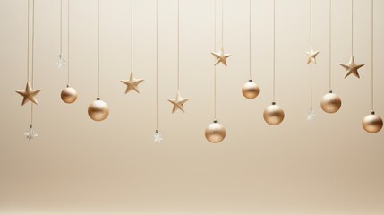  a group of gold christmas ornaments hanging from a line of gold stars on a beige background with a white background.